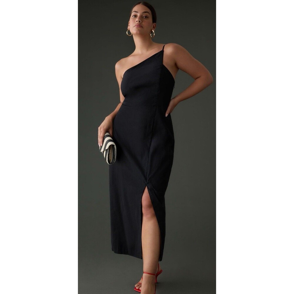 Anthropologie Midi Dress Women Black One Shoulder Linen Blend Preppy Sz XL New - Picture 3 of 12